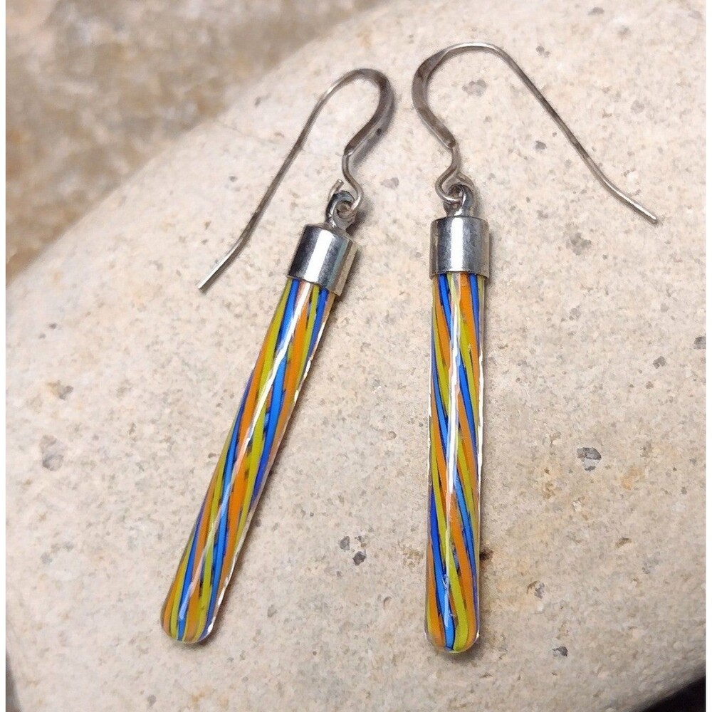 Vintage Murano Cane Glass Sterling Silver Dangle Earrings